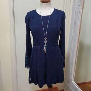 Miin Boho Crochet Insert Fit & Flare Dress Navy